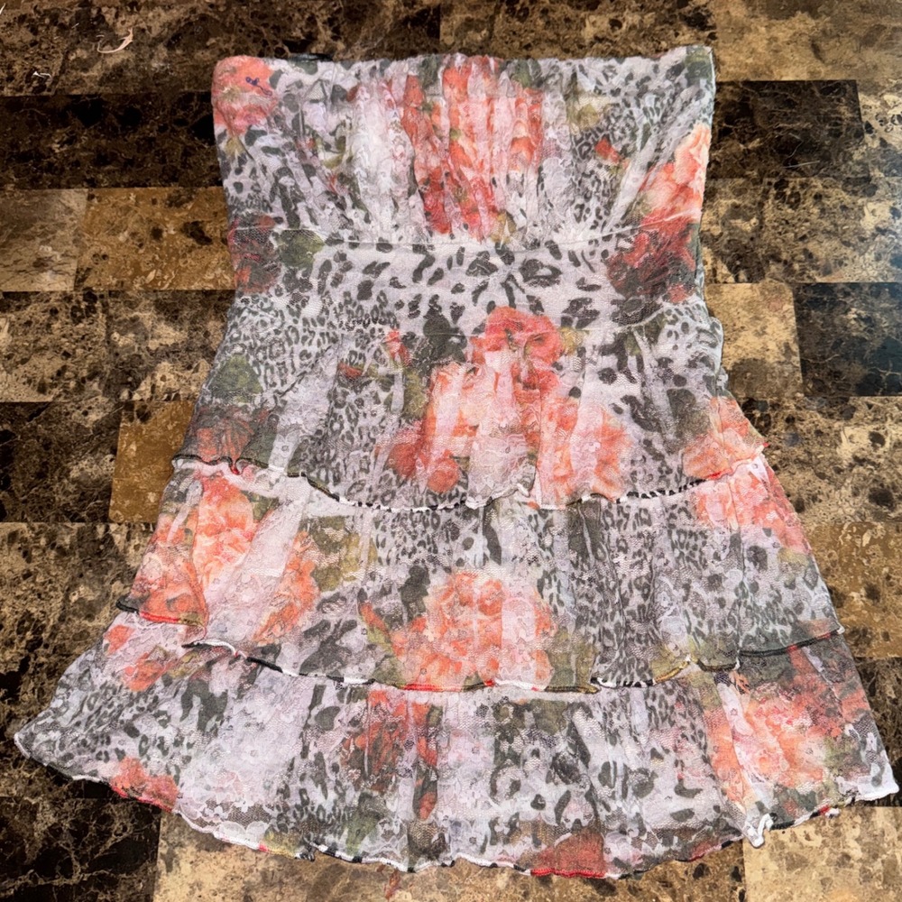 Y2K Floral Lace Tiered Ruffled Tube Top Funky Leopard Print Summer Party Vaca M